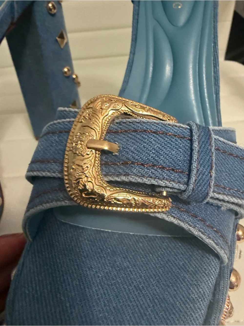 Denim Platform Stud Heels with Gold Accents - Blue